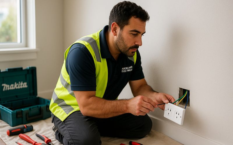 Professional Auckland electrician working on electrical installation