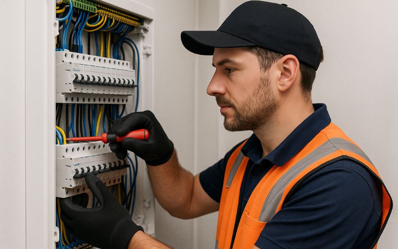 Professional Auckland electrician working on electrical panel